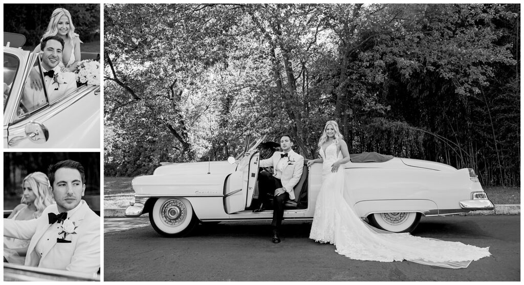 Black and white photo of a young couple posing in a vintage Cadillac. 