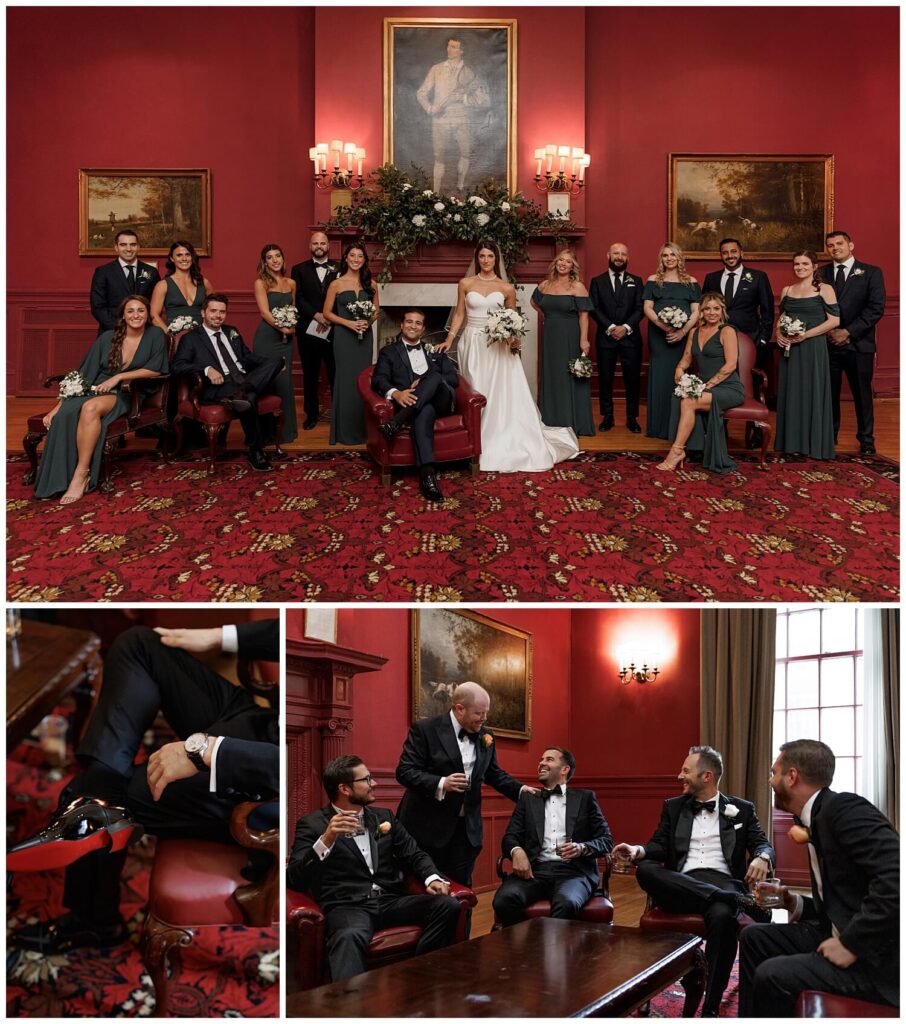 Wedding party smiling and laughing in  luxurious red room at Racquet Club Philadelphia 