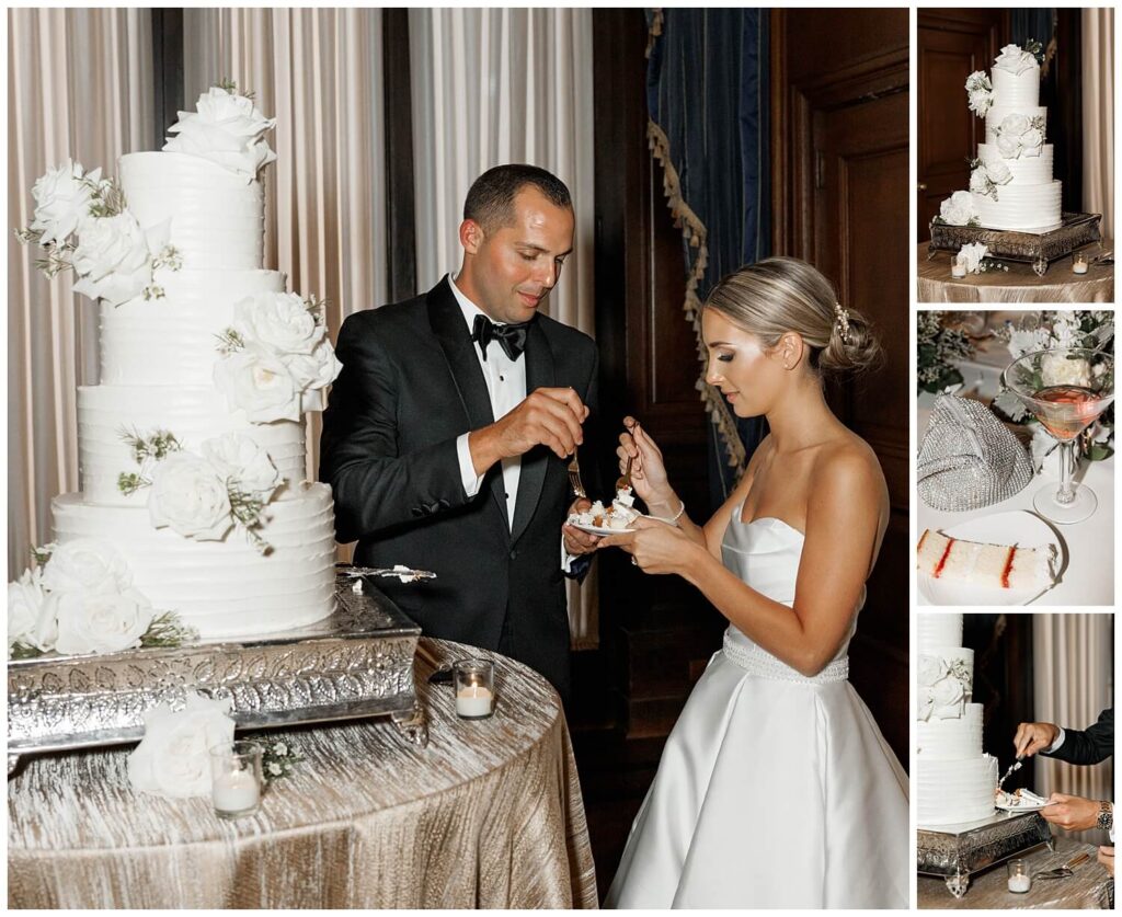 Close up photos of a bride and groom cutting their wedding 4 tier, simple white wedding cake 