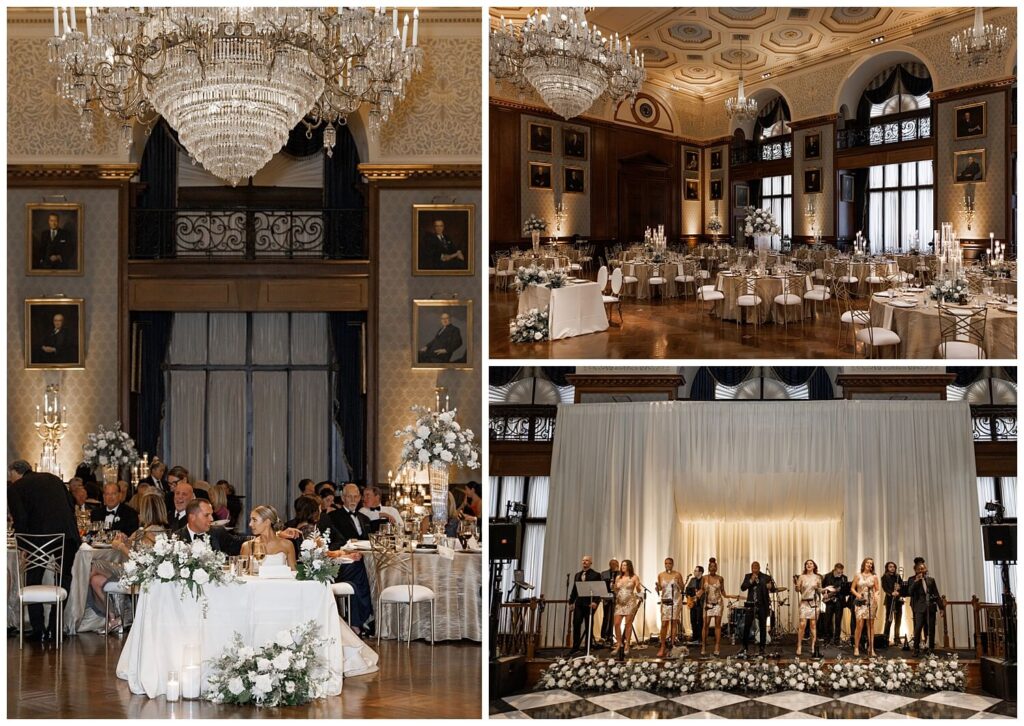 Elegant set up of neutral colored flowers and candles inside of regal Union League ballroom