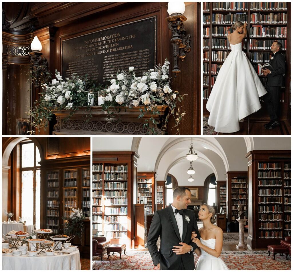 Warm photographs of a young married couple, in their wedding dress and suit, looking through the books inside of the library at the Union League in Philadelphia 