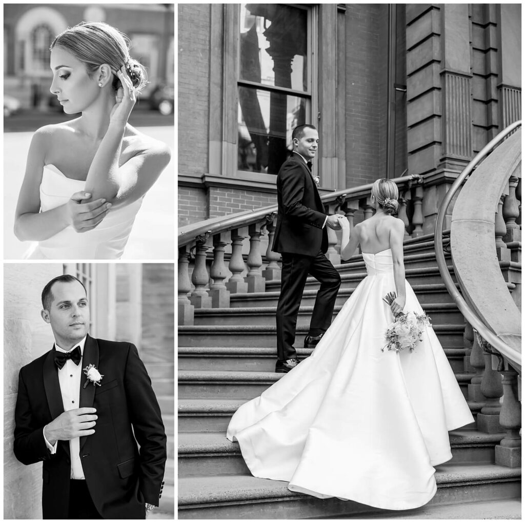 Black and white photos of elegant bride and groom walking up the front stairs of the Union League in Philadelphia 