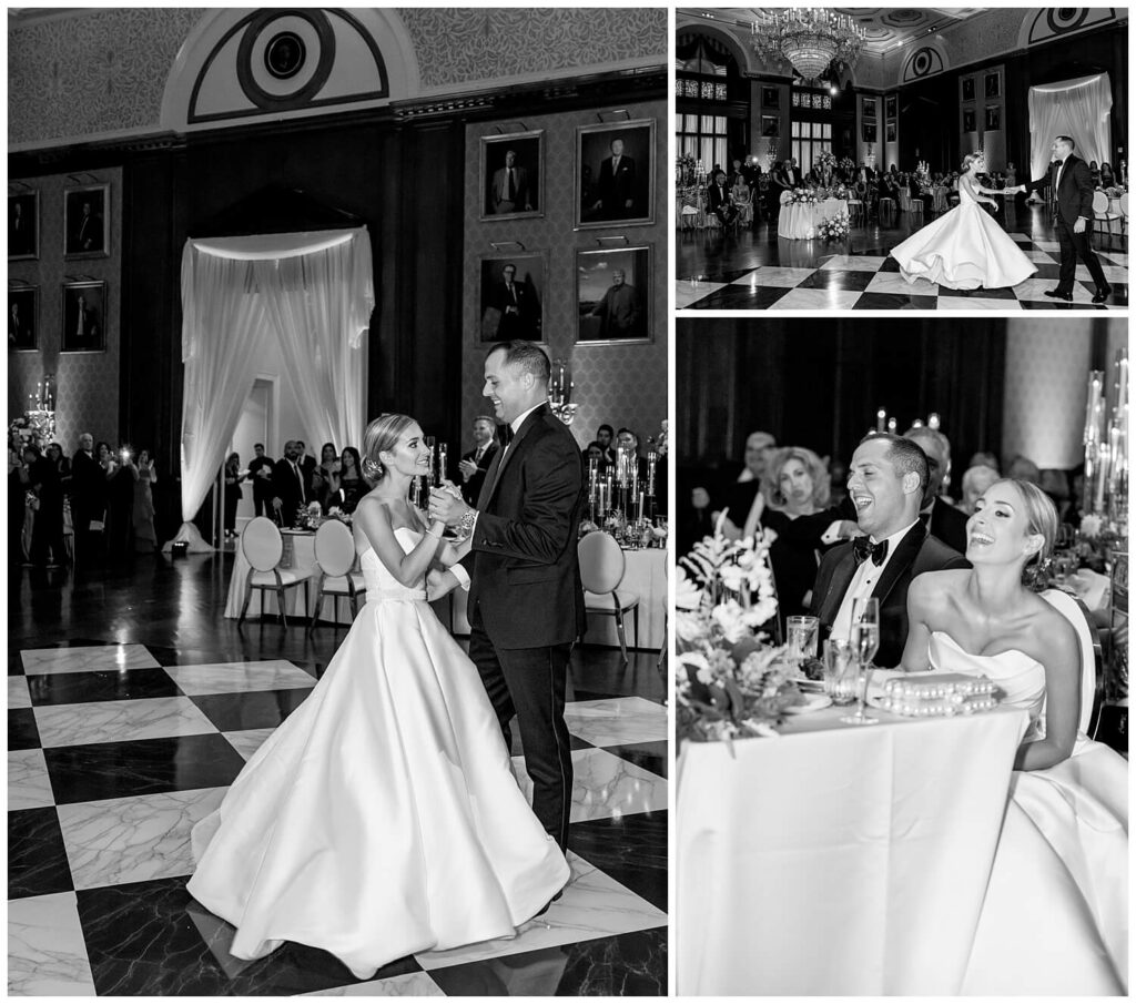 Black and white photographs of a beautiful, young bride and groom sharing a laugh and their first dance in the grand ballroom of the Union League 