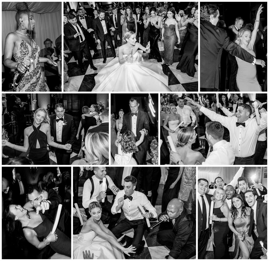 Black and white collage of wedding guests dancing, laughing, and having a good time with the bride and groom 