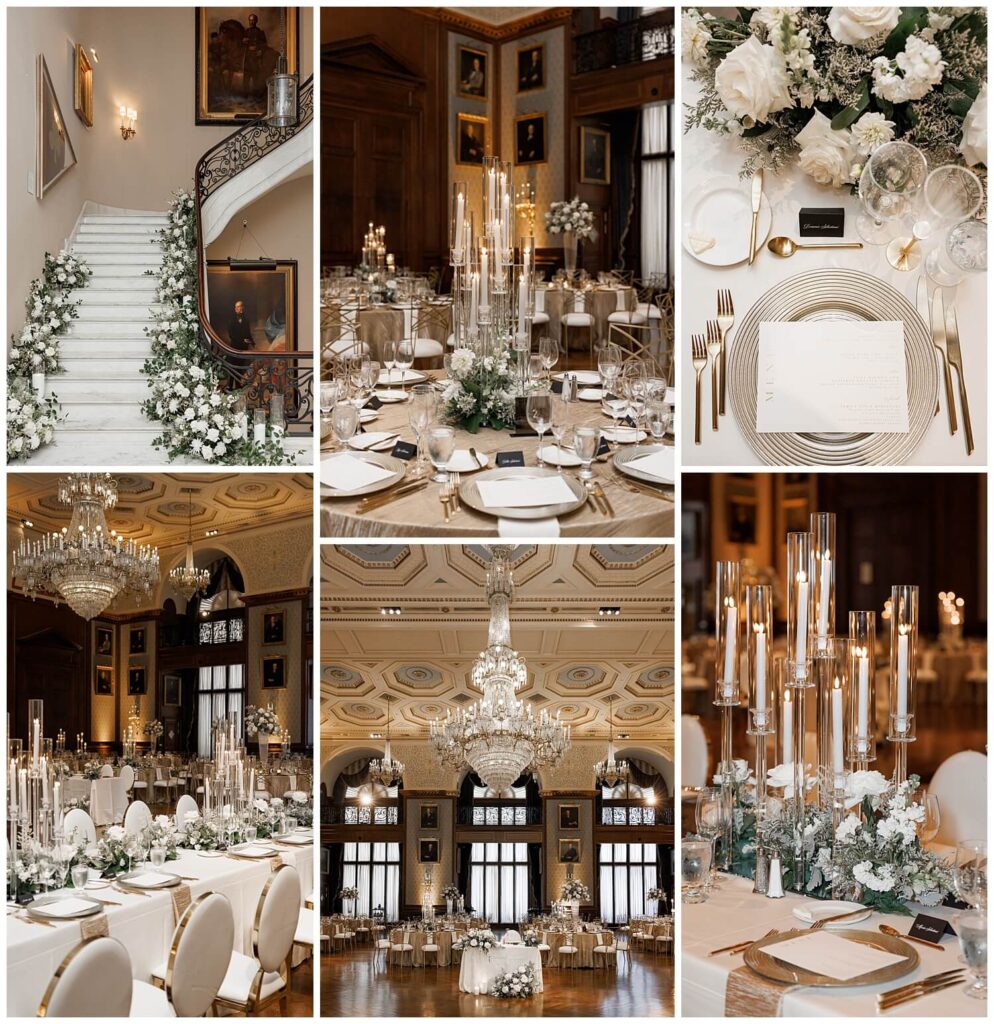Collage of photos showing how small details of white florals and tall candles make a regal wedding at the Union League look sophisticated and elegant 