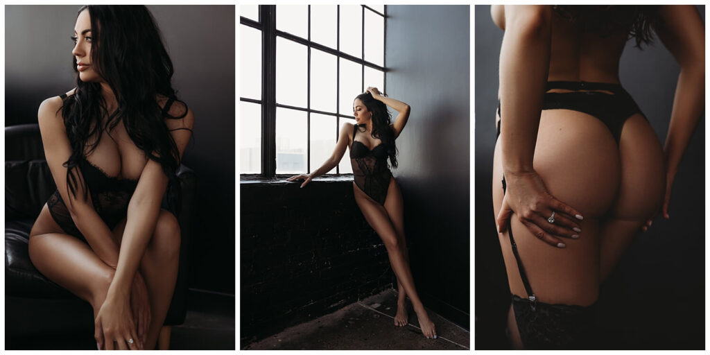 Tan brunette girl modeling black lace lingerie in a dark painted room with big windows and dramatic lighting 