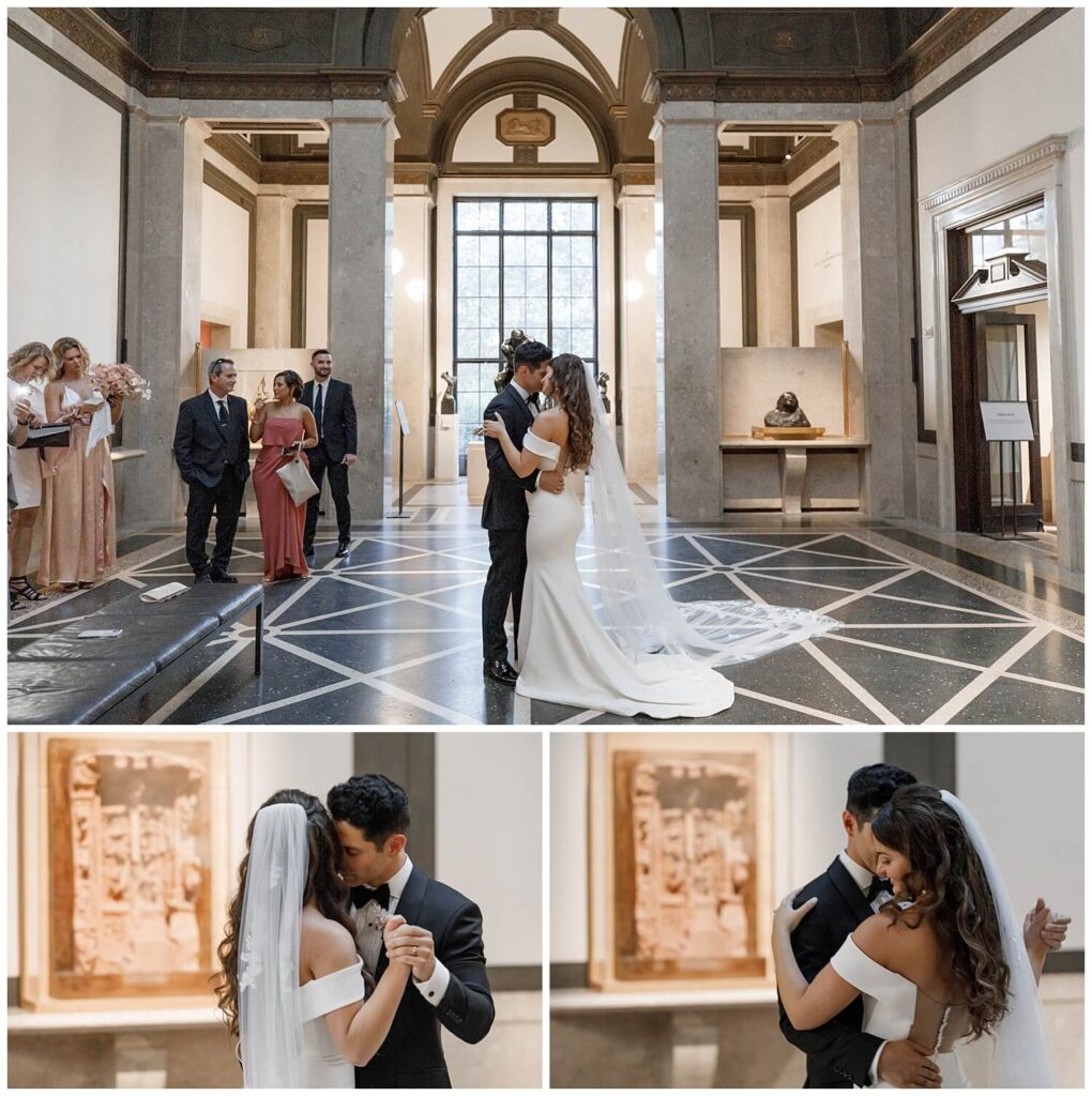 Young couple, surrounded by family, sharing a first dance inside of the Rodin Museum gallery