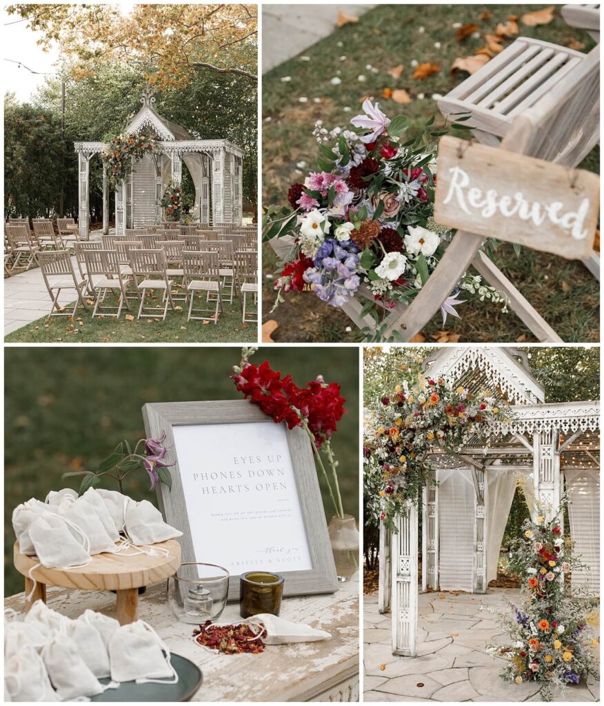 unique wedding event space with a farmhouse feel set up with red and orange florals