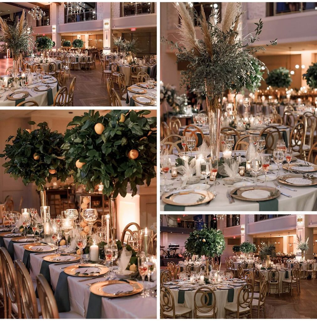 Olive trees and lemon trees line the reception room at Philadelphia wedding venue The Lucy for an elegant Greek wedding