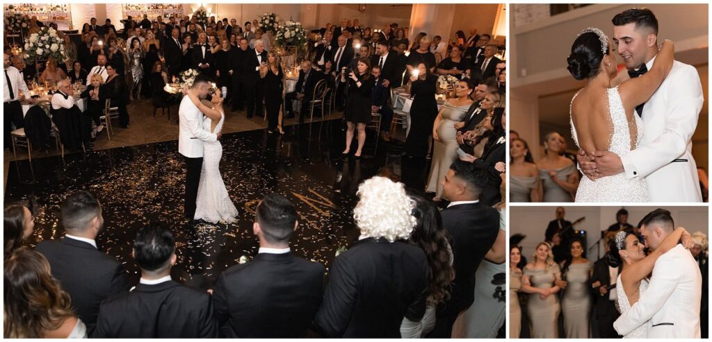 Young couple sharing their first dance on their wedding day on their custom black dance floor at The Lucy in Philadelphia
