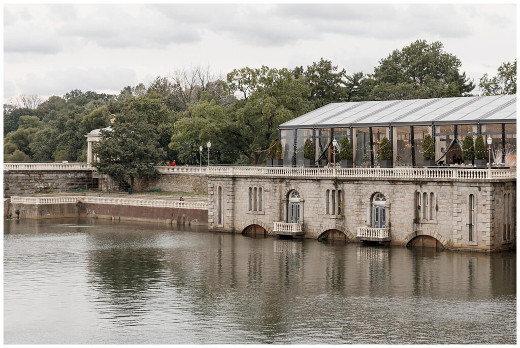 Elegant water works tent standing above the Schuylkill River 