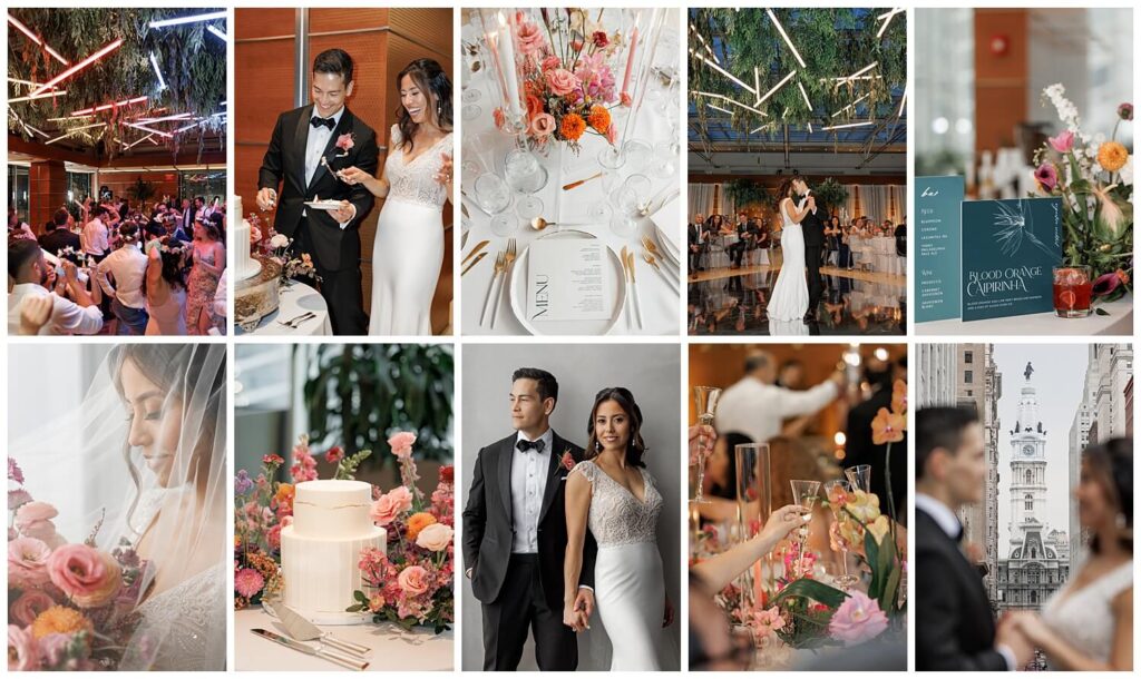 Inspired by a sunset the couple watched on their last trip to Italy, they show off their colorful wedding details of bright flowers, candles, and cocktails to their guests at their Philadelphia wedding reception 