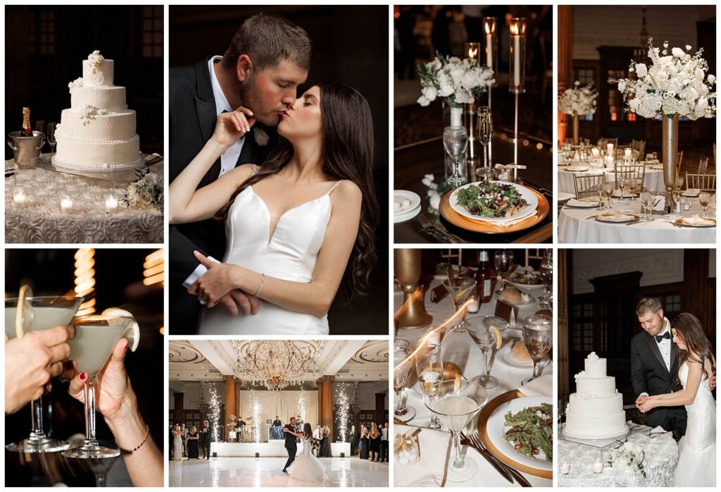 White florals and tall candles fill the reception hall of Crystal Tea Room as the young bride and groom go in for a kiss and guests celebrate with their martinis in hand 