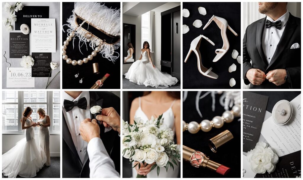 Stylish black and white details of a young couples wedding day including a chic invitation suite, simple white heels, a beautiful bouquet of white roses, and a custom pearl purse for the bride 