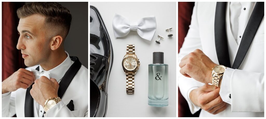grooms wedding day details of cologne, suit, watch, and neck tie all put together for him by his wedding planner 