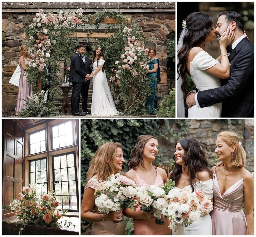 Lush garden ceremony with tons of white and pink florals framing the young couple as they say their vows in front of their closest friends and family members  