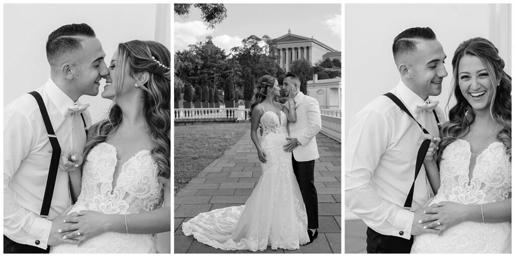 Bride and groom smiling and sharing their first kiss in front of the Philadelphia Museum of Art. 