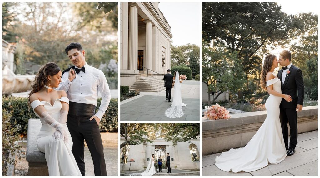 A beautiful, young couple taking photos together on their wedding day as the sun sets behind them in the gardens of the Rodin Museum in Philadelphia.