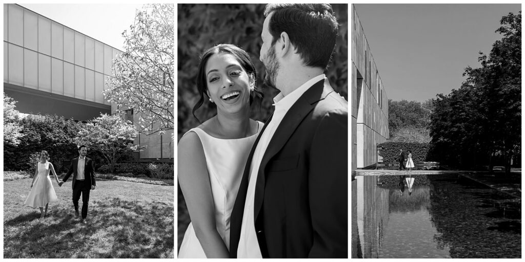 A young and bride and groom holding hands and laughing while walking by the reflective pool at The Barnes Foundation in Philadlephia