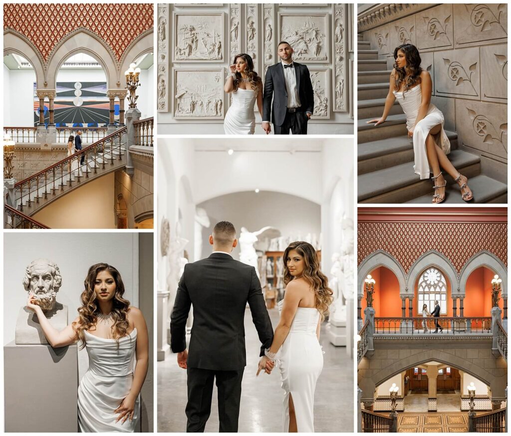 A young couple walks around a Philadelphia museum exploring the different rooms, art pieces, and architecture.